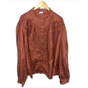 ANA Women Sz 5XL Blouse Long Balloon Sleeve Button Down Casual Top copper Shirt